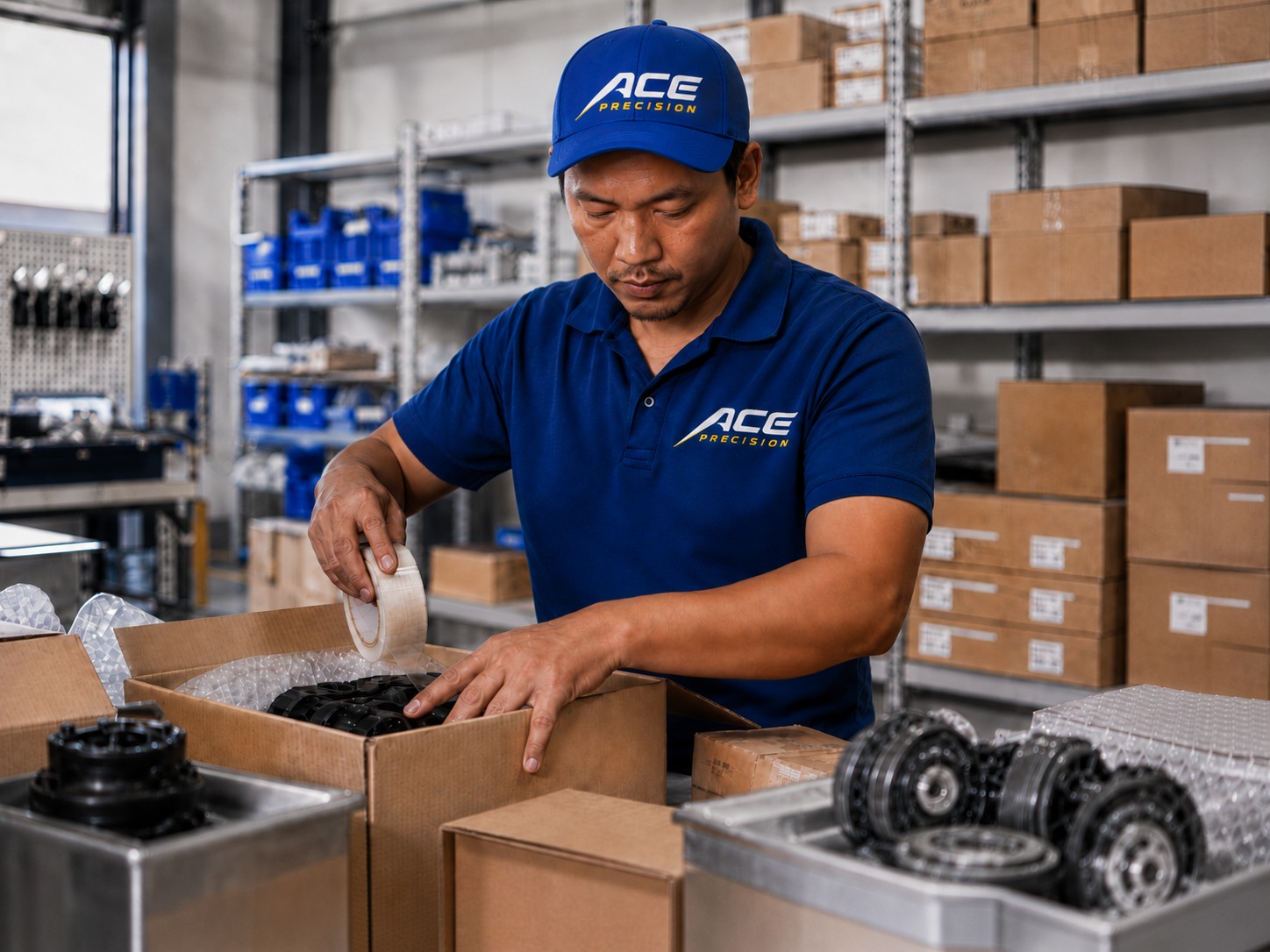 Ace Precision staff member in uniform packing a parts order before dispatch