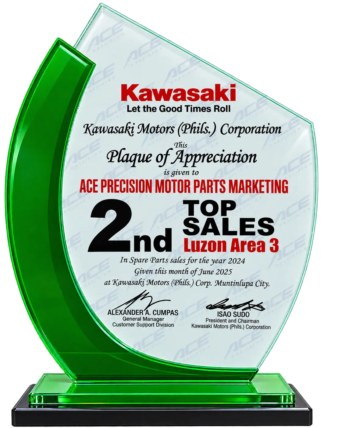 Kawasaki 2nd Top Sales, Luzon Area 3. Kawasaki Motors (Phils.), 2024 spare parts sales.