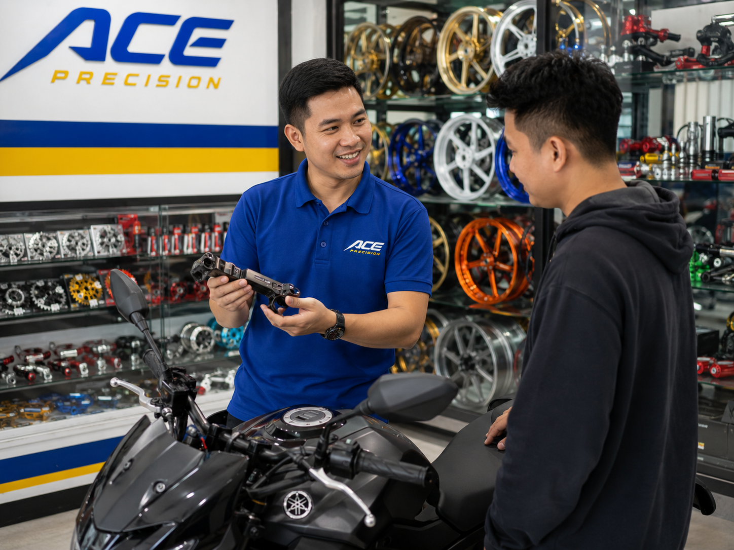 Ace Precision staff helping a customer choose parts inside the store