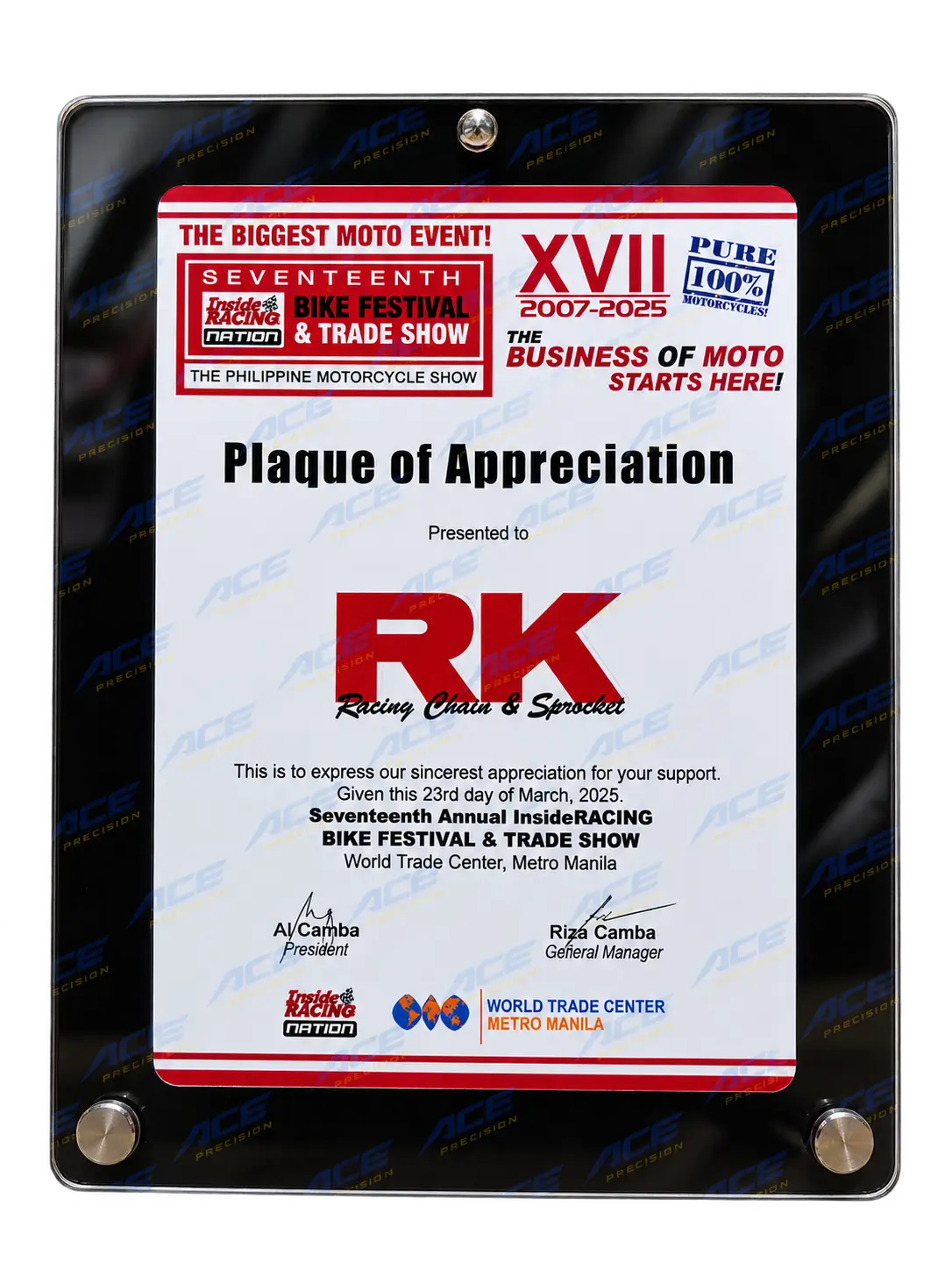 RK Racing Chain Plaque of Appreciation. 17th InsideRACING Bike Festival, 2025.