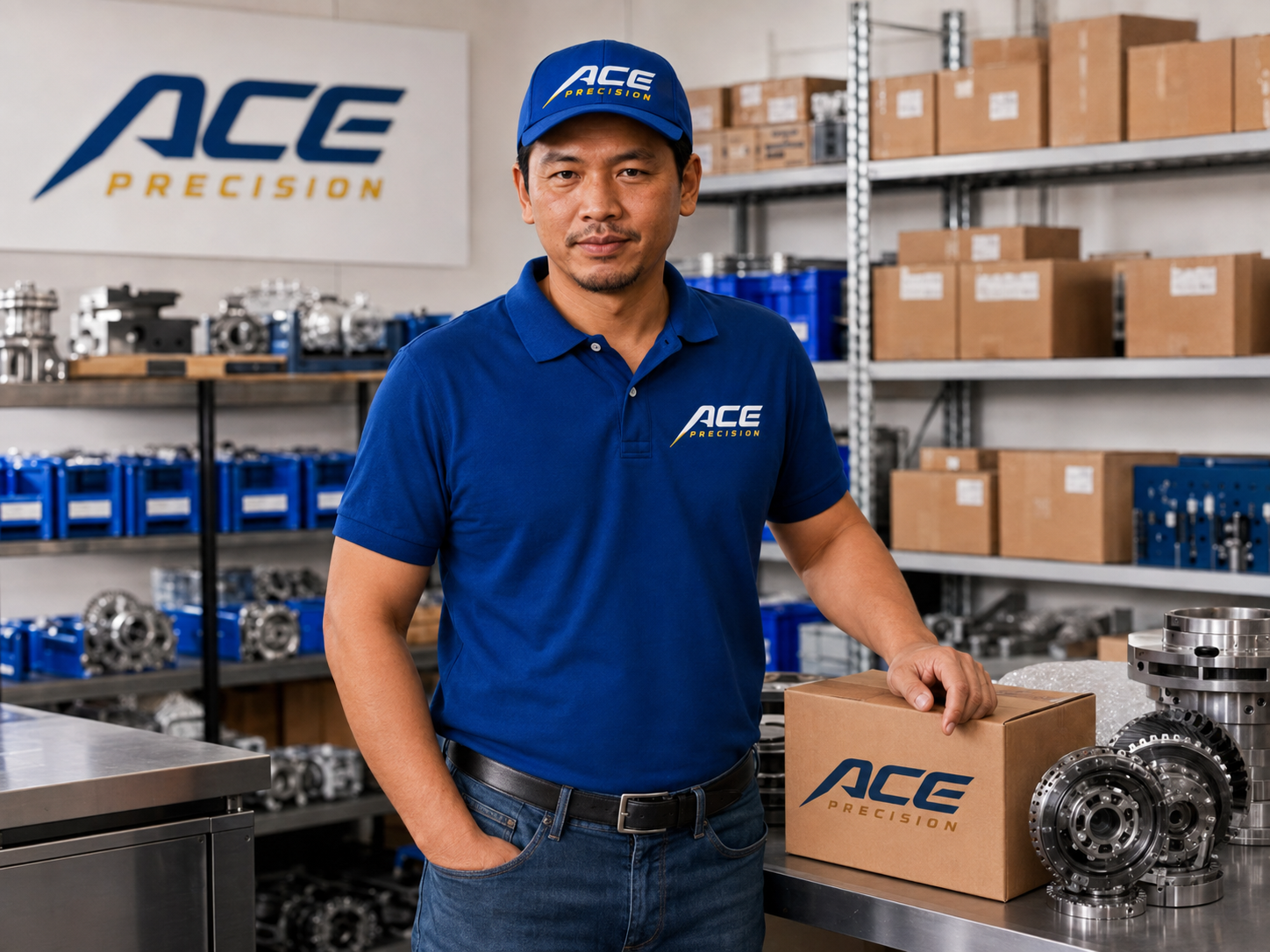 Phillip, owner of Ace Precision, in a blue branded polo at the parts counter