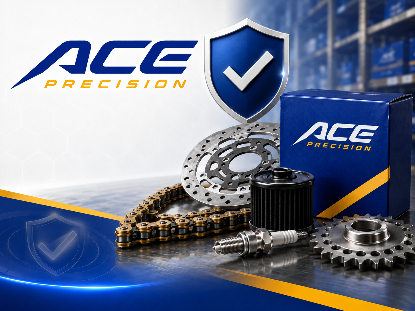 Genuine Ace Precision parts including brake disc, chain, oil filter, spark plug and sprocket with authorized dealer shield