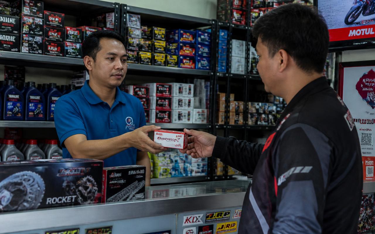 Ace Precision staff member handing a boxed brake pad set to a customer at the parts counter